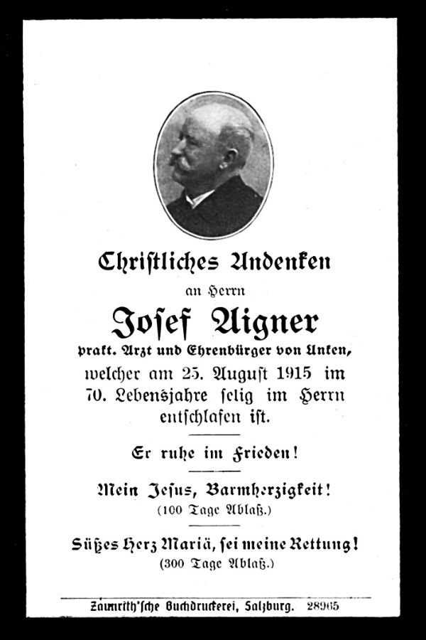 Sterbebild von Dr. Josef Aigner